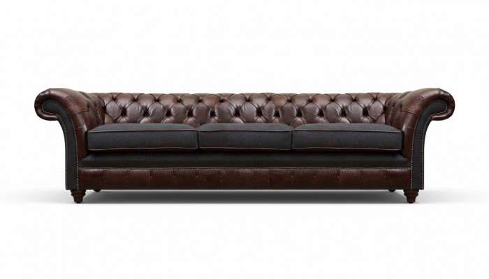 Brown-Grey Chesterfield Three-Seater Living Room Upholstered Sofas Luxury Couch