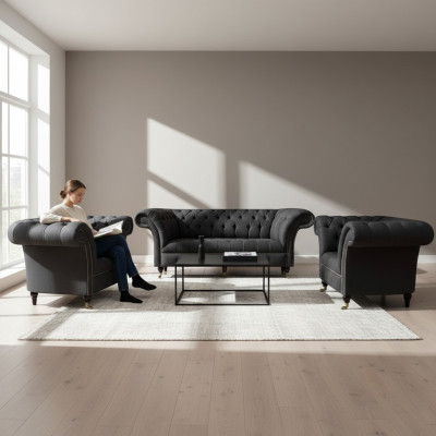 Modern Chesterfield Black Set Designer 2x Fabric Armchairs 3-Seater