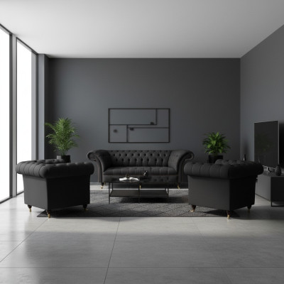 Modern Chesterfield Black Set Designer 2x Fabric Armchairs 3-Seater