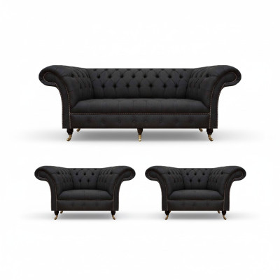 Modern Chesterfield Black Set Designer 2x Fabric Armchairs 3-Seater