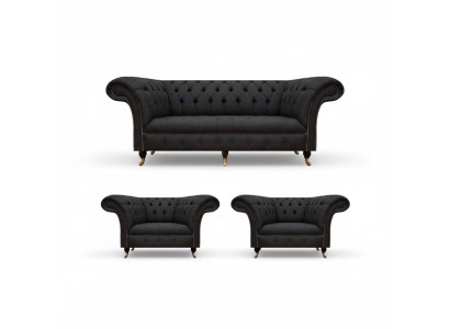 Modern Chesterfield Black Set Designer 2x Fabric Armchairs 3-Seater