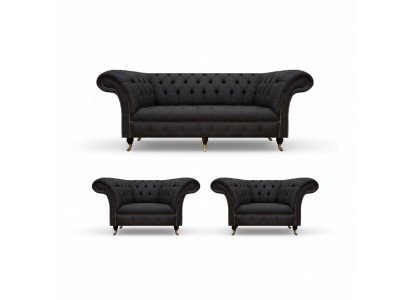 Modern Chesterfield Black Set Designer 2x Fabric Armchairs 3-Seater