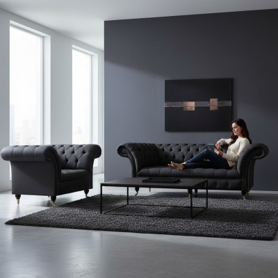 Chesterfield Black Fabric Set Designer 3-Seater Upholstered Armchair 2-piece Set