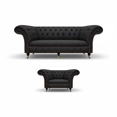 Chesterfield Black Fabric Set Designer 3-Seater Upholstered Armchair 2-piece Set
