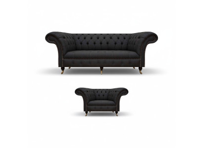 Chesterfield Black Fabric Set Designer 3-Seater Upholstered Armchair 2-piece Set