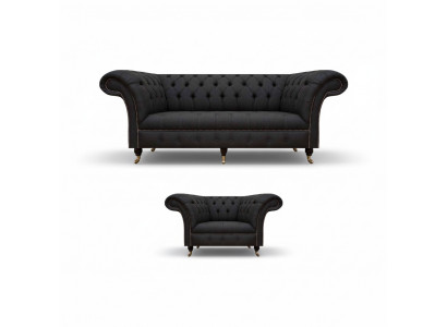 Chesterfield Black Fabric Set Designer 3-Seater Upholstered Armchair 2-piece Set