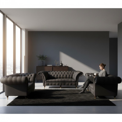 Chesterfield Black Living Room Sofas Complete Set 3-Piece Set