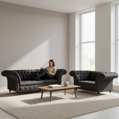 Complete black Chesterfield set designer three-seater modern 2-seater