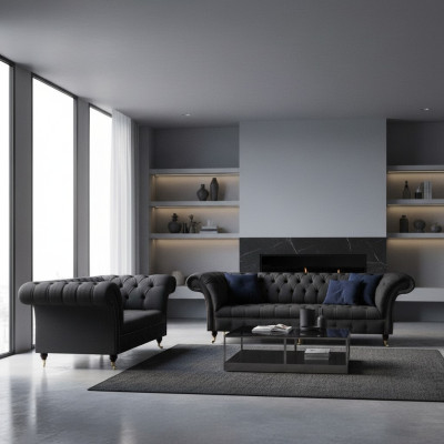 Complete black Chesterfield set designer three-seater modern 2-seater