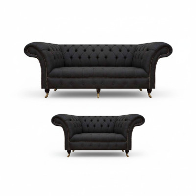 Complete black Chesterfield set designer three-seater modern 2-seater