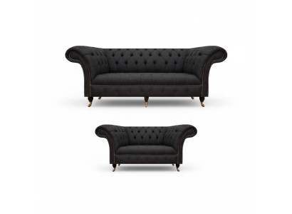 Complete black Chesterfield set designer three-seater modern 2-seater