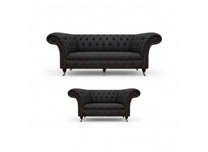 Complete black Chesterfield set designer three-seater modern 2-seater