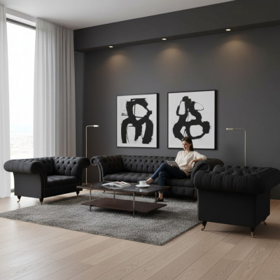 Complete black Chesterfield lounge suite designer two-seater armchair