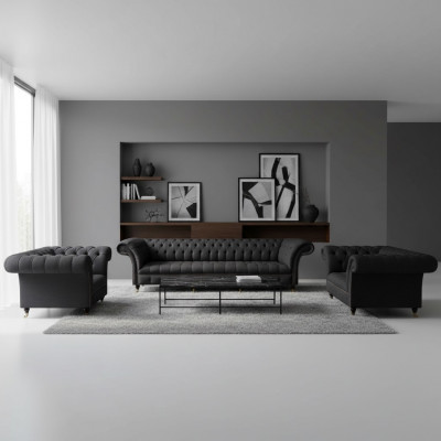 Complete black Chesterfield lounge suite designer two-seater armchair