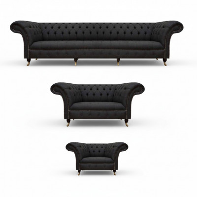 Complete black Chesterfield lounge suite designer two-seater armchair