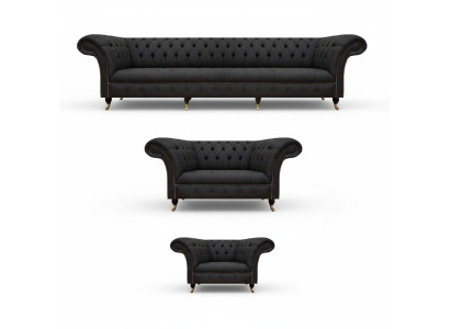 Complete black Chesterfield lounge suite designer two-seater armchair