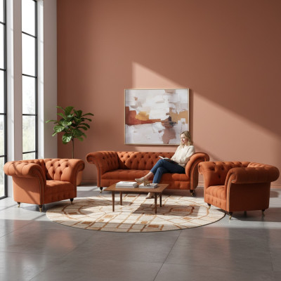 Living room brown Chesterfield set 2x armchairs 3-seater 3-piece