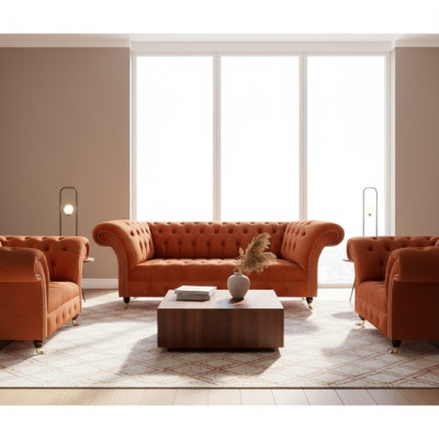 Living room brown Chesterfield set 2x armchairs 3-seater 3-piece