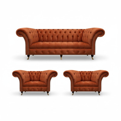 Living room brown Chesterfield set 2x armchairs 3-seater 3-piece