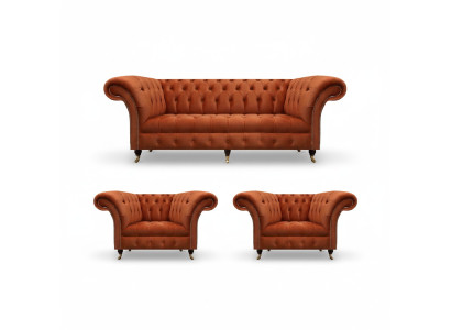 Living room brown Chesterfield set 2x armchairs 3-seater 3-piece