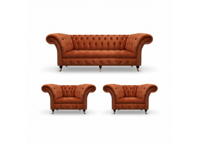 Living room brown Chesterfield set 2x armchairs 3-seater 3-piece