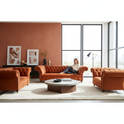 Brown Chesterfield seating furniture living room designer couches 3-piece set