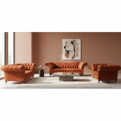 Brown Chesterfield seating furniture living room designer couches 3-piece set