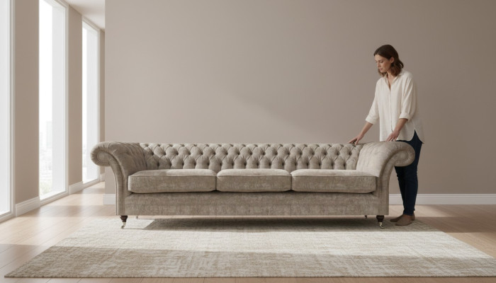 Light gray Chesterfield upholstered designer three-seater sofa
