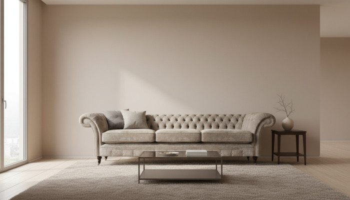 Light gray Chesterfield upholstered designer three-seater sofa