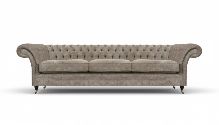 Light gray Chesterfield upholstered designer three-seater sofa