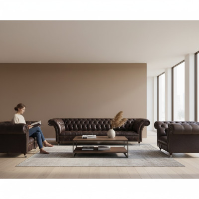 Luxury Brown Chesterfield Furniture Leather Suite Four-Seater Armchair Two-Seater