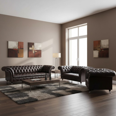 Luxury Brown Chesterfield Furniture Leather Suite Four-Seater Armchair Two-Seater