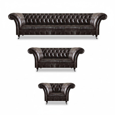 Luxury Brown Chesterfield Furniture Leather Suite Four-Seater Armchair Two-Seater