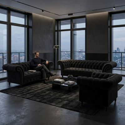 Black textile sofas designer living room luxury seating furniture 3-piece set