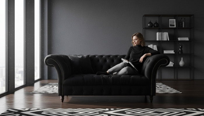 Completely Black Chesterfield Sofa Designer Fabric Sofas Upholstered Couch