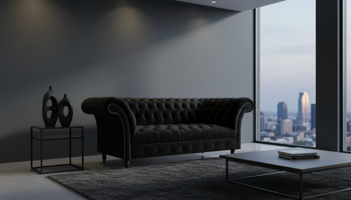 Completely Black Chesterfield Sofa Designer Fabric Sofas Upholstered Couch