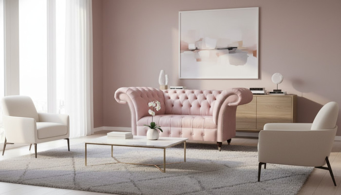 Chesterfield Pink Two-Seater Living Room Luxurious Upholstered Furniture Couch