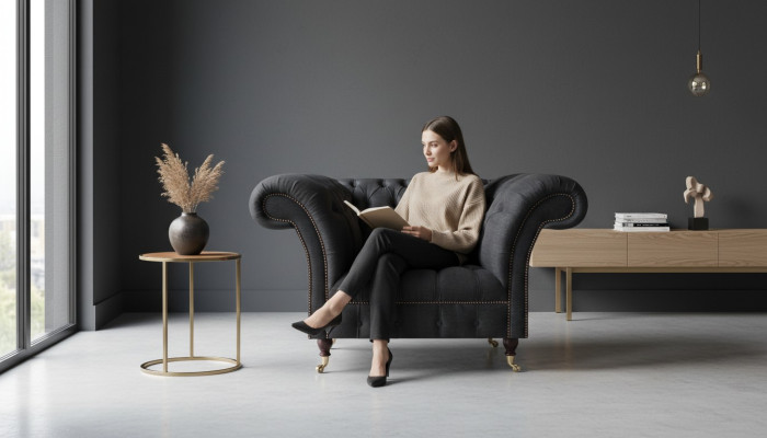Living room Chesterfield black single-seater fabric armchair elegant armchair