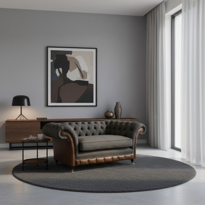 Brown-Grey Chesterfield Single Seater Living Room Armchair Textile Furniture
