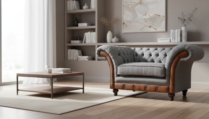 Chesterfield light grey armchair designer fabric armchair textile furniture