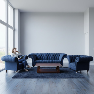 Luxurious Chesterfield Suite Modern Three-Seater 2x Upholstered Armchair