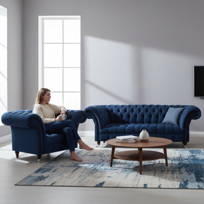 Dark blue living room 3-seater couch designer armchair noble 2-piece set