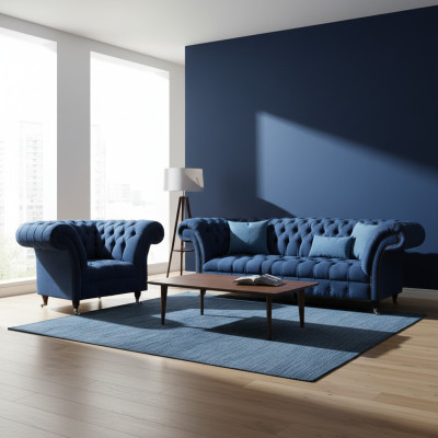 Dark blue living room 3-seater couch designer armchair noble 2-piece set