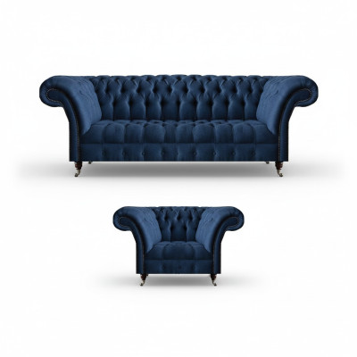 Dark blue living room 3-seater couch designer armchair noble 2-piece set