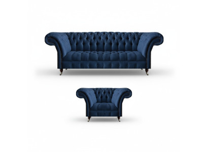 Dark blue living room 3-seater couch designer armchair noble 2-piece set