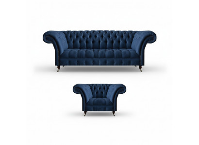 Dark blue living room 3-seater couch designer armchair noble 2-piece set