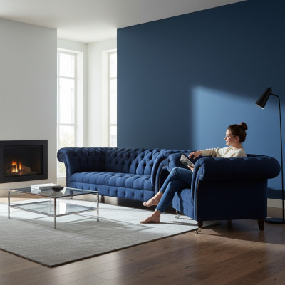 Blue Chesterfield sofa set textile couches three-seater two-seater 2-piece
