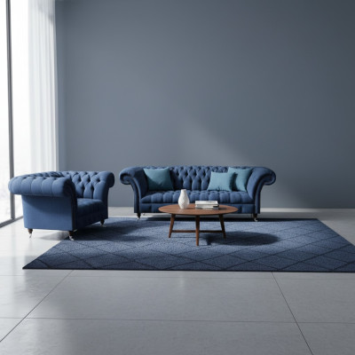 Blue Chesterfield sofa set textile couches three-seater two-seater 2-piece