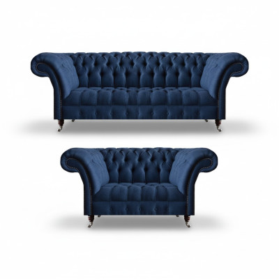Blue Chesterfield sofa set textile couches three-seater two-seater 2-piece