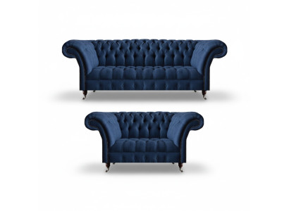 Blue Chesterfield sofa set textile couches three-seater two-seater 2-piece